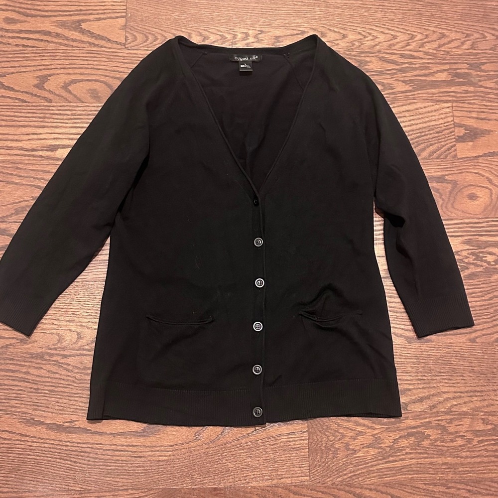August Silk Black V-Neck Button Front Cardigan 3/4 Sleeve Silk Blend Large